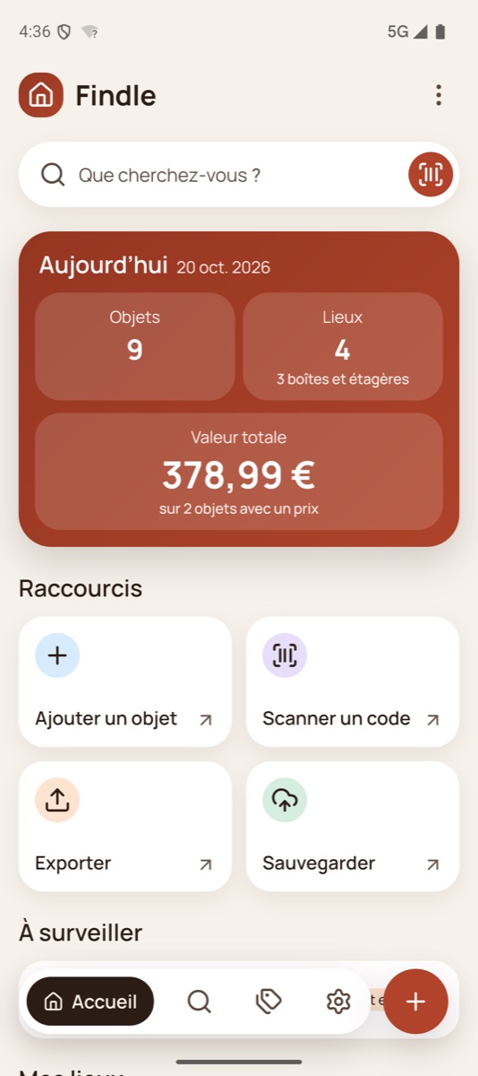 L’écran d’accueil de Findle : le nombre d’objets et de lieux, la valeur totale, et des raccourcis pour ajouter, scanner, exporter et sauvegarder.